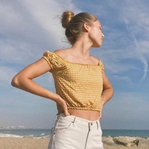 Brandy Melville Golden Yellow Crop Gingham Blouse